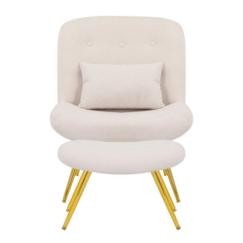 Lea 2pc Accent Lounge Chair and Ottoman Set, Tan Teddy Upholstery, Gold - Benzara