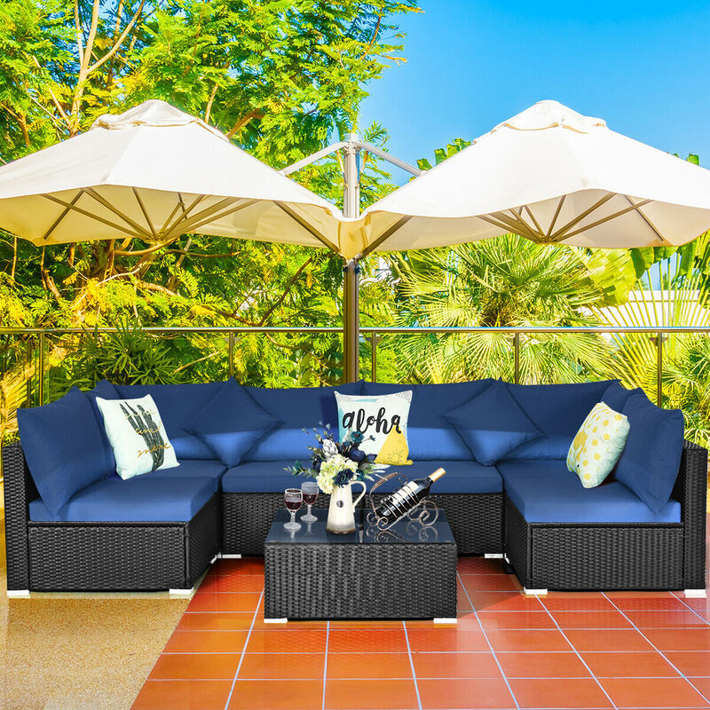 7 Pieces Sectional Wicker Furniture Sofa Set with Tempered Glass Top-Navy