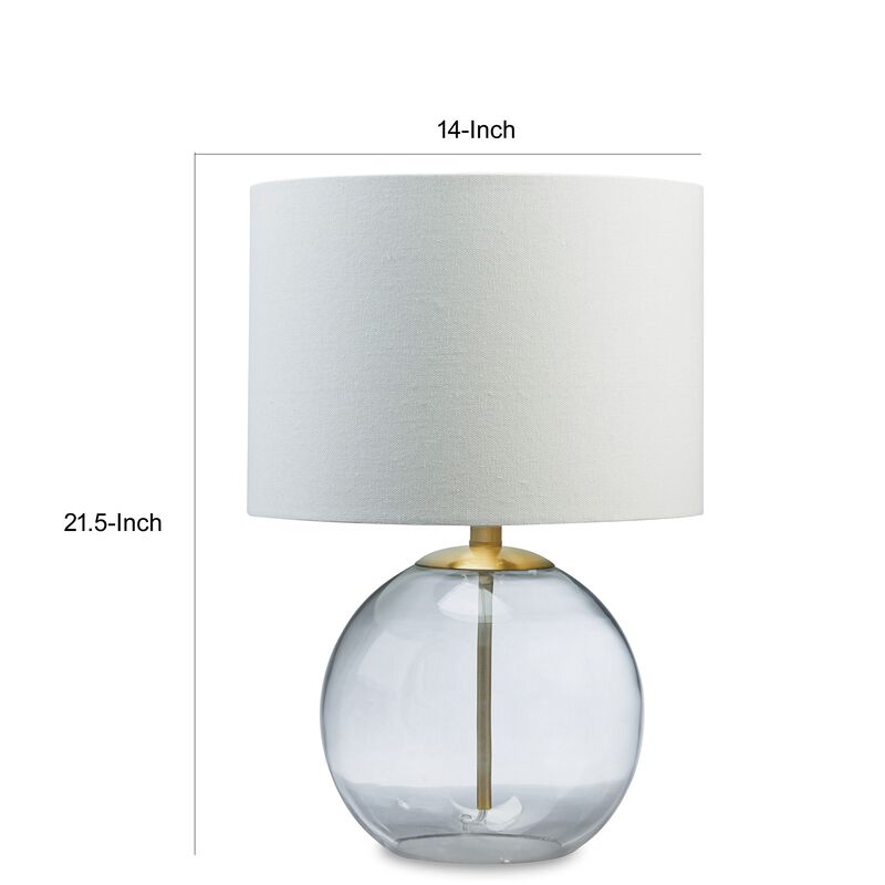 21 Inch Table Lamp, White Drum Shade, Round Clear Glass Base, Brass Metal - Benzara