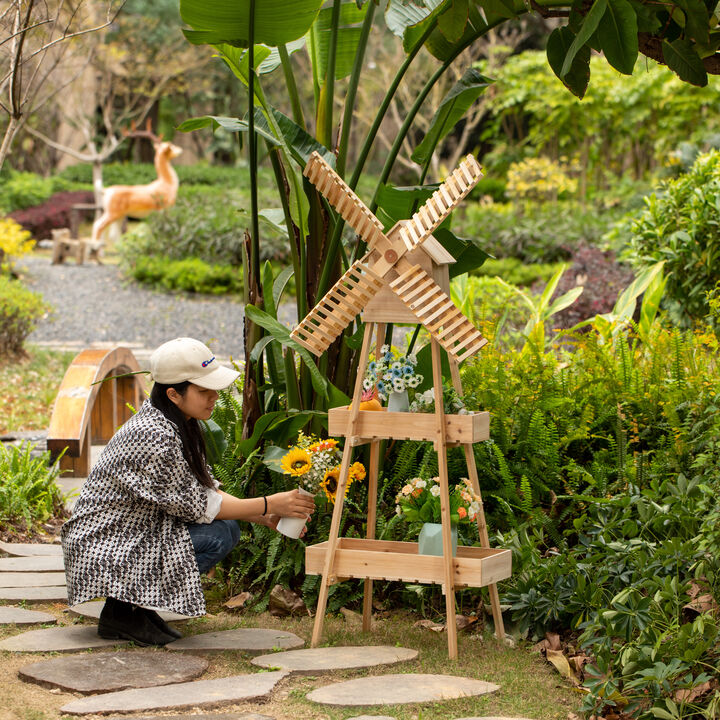 Rustic Wooden Cart with Windmill Accent, Versatile and Decorative Piece for Home or Garden Decor, Perfect for Displaying Plants, Books, and Decorative Items, or as a Unique Storage Solution for Home or Garden Tools