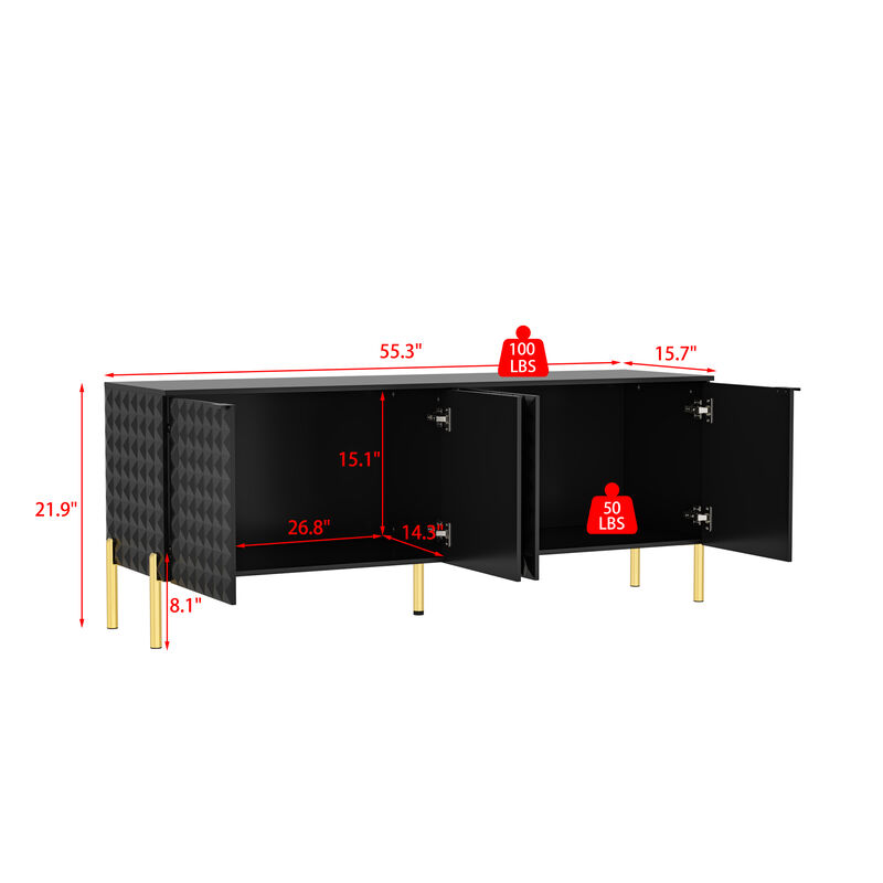 FUFU&GAGA Modern Black Storage Cabinet with Gold Legs, P2 MDF, with Textured Doors and Adjustable Shelves (55.3" W x 21.9" H x 15.7" D), Black