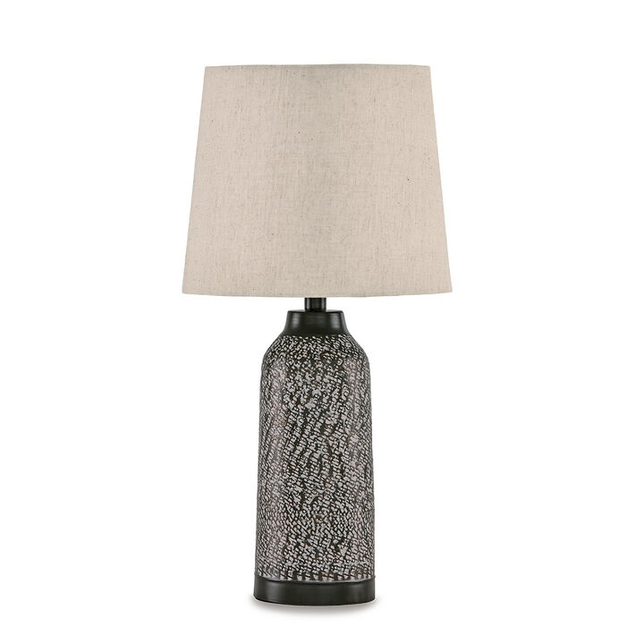 Table Lamp Set of 2, Beige Drum Shade, Black Hammered Motif Metal Base - Benzara
