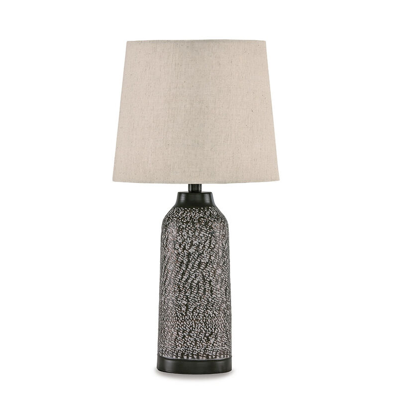 Table Lamp Set of 2, Beige Drum Shade, Black Hammered Motif Metal Base - Benzara