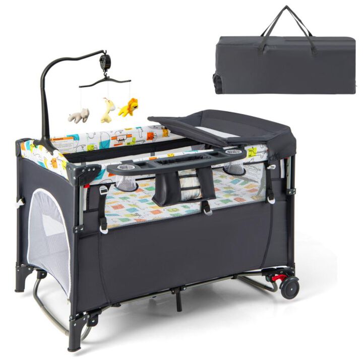 Hivvago 5-in-1 Baby Nursery Center Foldable Toddler Bedside Crib with Music Box