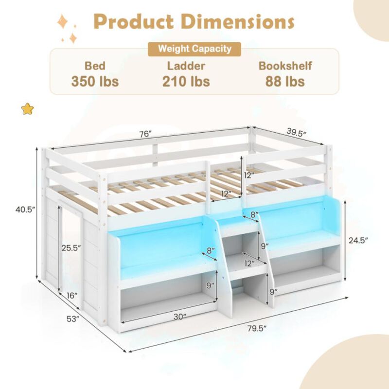 Hivvago Twin Size Loft Bed with LED Lights with Staircase and Safety Guardrail