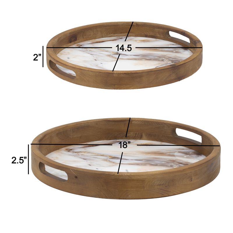 18, 15 Inch Round Decorative Tray, Marble Effect, Brown Fir Wood Frame-Benzara