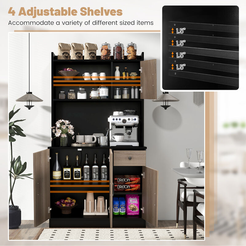 4-Door Freestanding Kitchen Buffet with Hutch and Adjustable Shelves