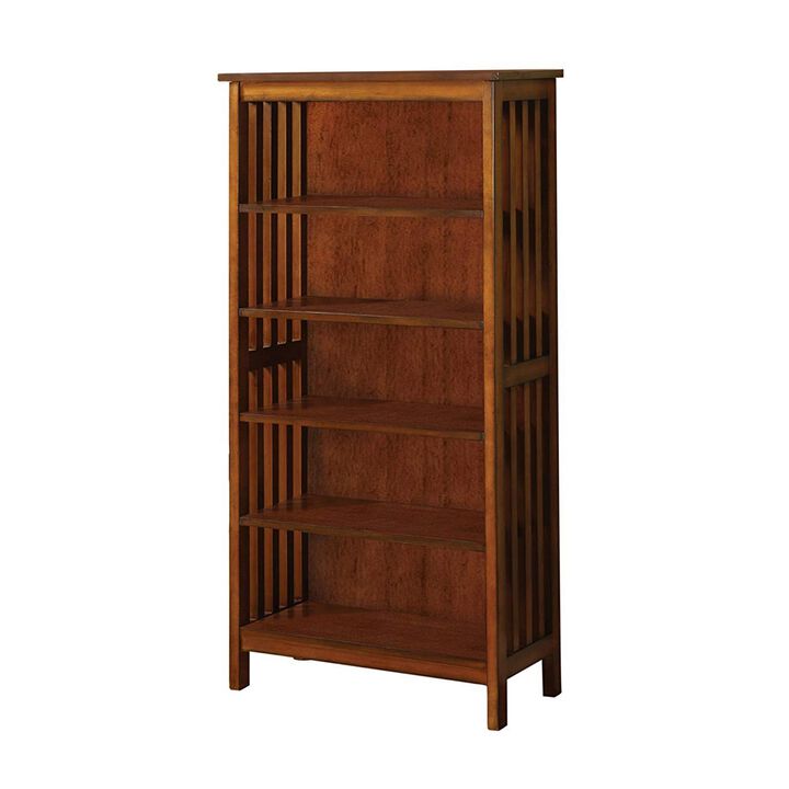 5 Tier Wooden Media Shelf with Slatted Side Panels, Oak Brown - Benzara