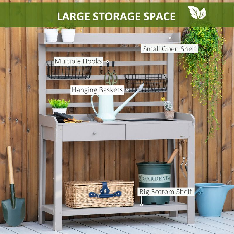Grey Garden Station: Potting Bench with Sink and Metal Sieve Screen