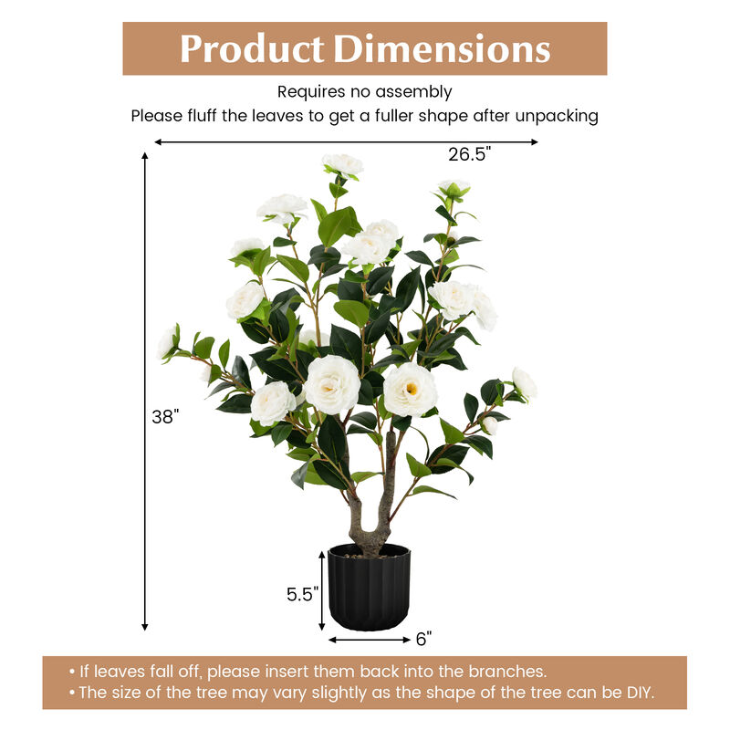38 Inch Artificial Camellia Tree Faux Flower Plant in Cement Pot
