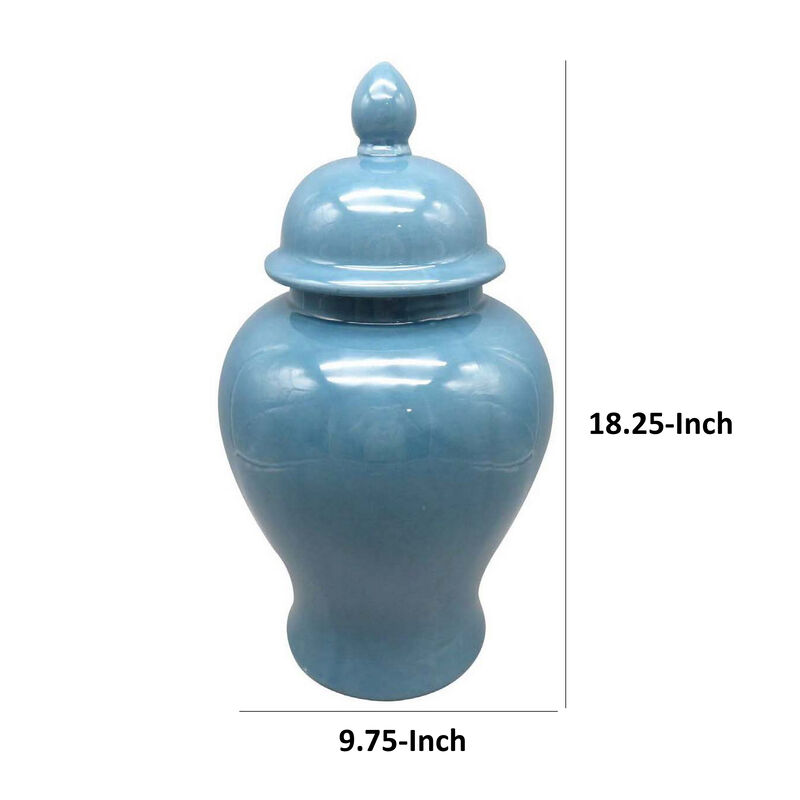 Teli 18 Inch Decorative Temple Ginger Jar, Elegant Ceramic, Glossy Blue - Benzara