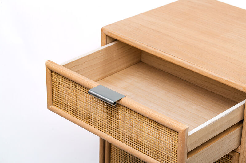 Scandinavian Bedside Table in Wood with Rattan Drawer