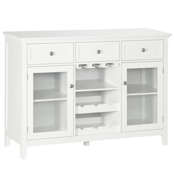 HOMCOM Coffee Bar Cabinet with 3 Drawers, 6-Bottle Wine Rack, Stemware Racks, Glass Door, Sideboard Buffet Cabinet, Wine Cabinet, White