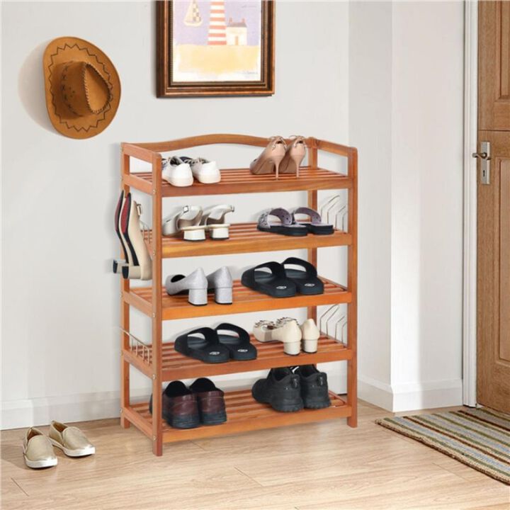 Hivvago Acacia Wood Shoe Rack with Side Metal Hooks