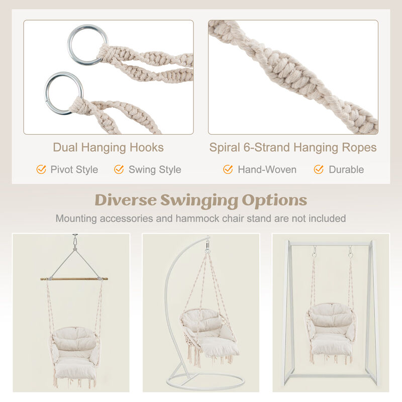 Hammock Chair with Thick Cushion and Macrame Holds up to 330 LBS