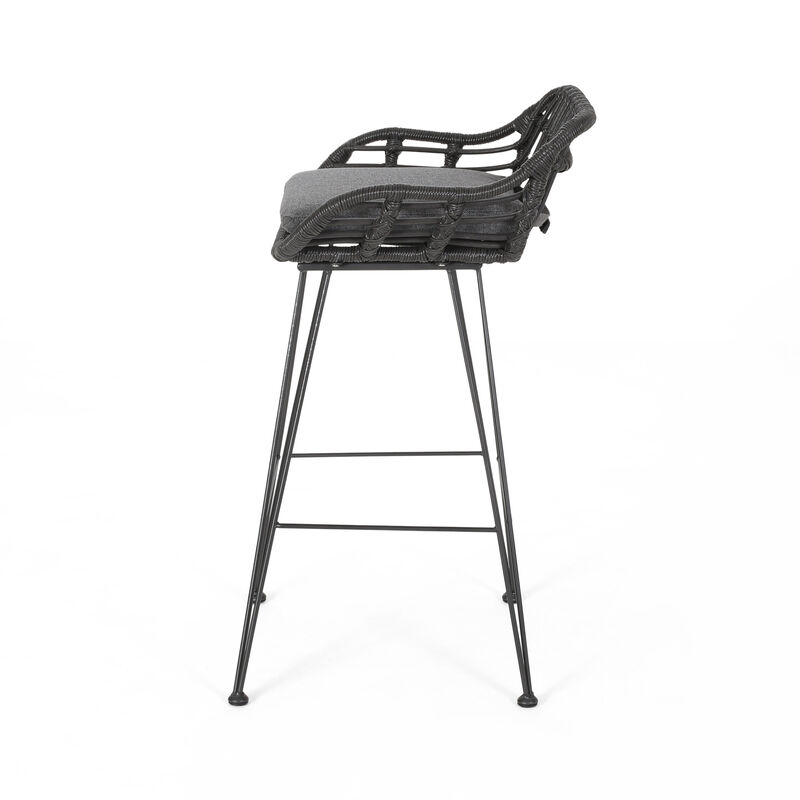Modern Outdoor Wicker Barstools with Cushions (Set of 2)