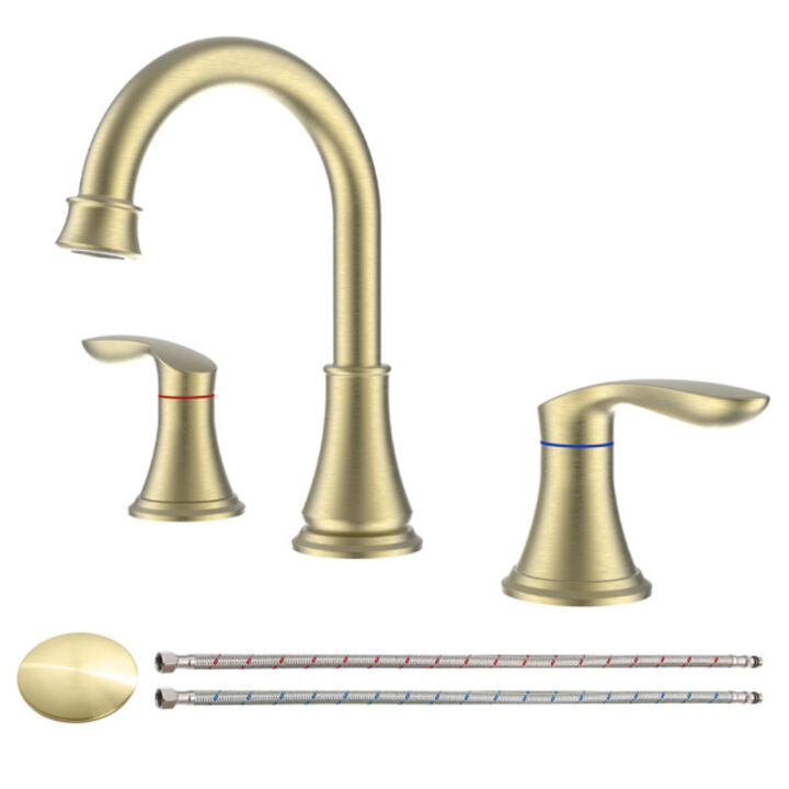 Modern Brushed Gold Widespread Bathroom Sink Faucet, 2-Handle 3-Hole Vanity Faucet with Swivel Spout