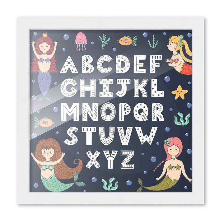 10x10 Framed Nursery Wall Art Hand Drawn Mermaid ABC Poster In Black Wood Frame For Kid Bedroom or Playroom