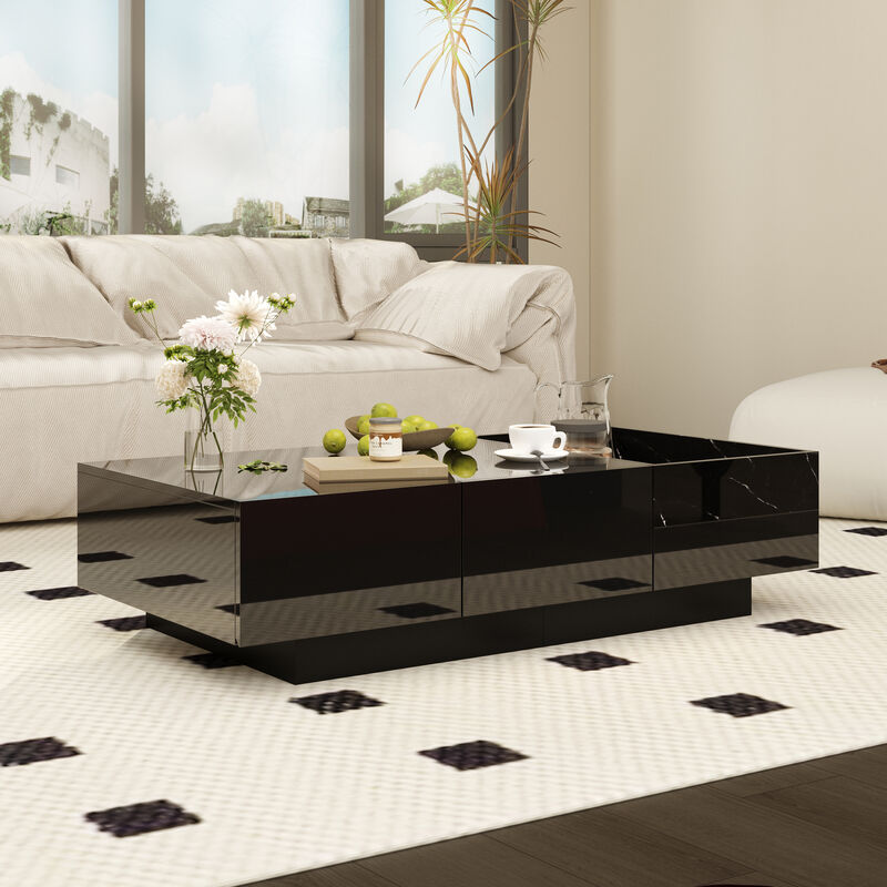 FUFU&GAGA Modern High-Gloss Black Coffee Table with Marble Texture, 2 Drawers & 3 Open Shelves (47.2" W x 23.6" D x 11.6" H), Black