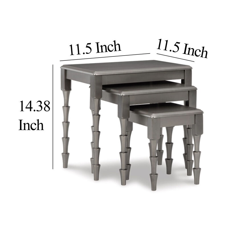 Nesting Accent Table Set of 3, Contemporary Metallic Gray, Real Wood - Benzara