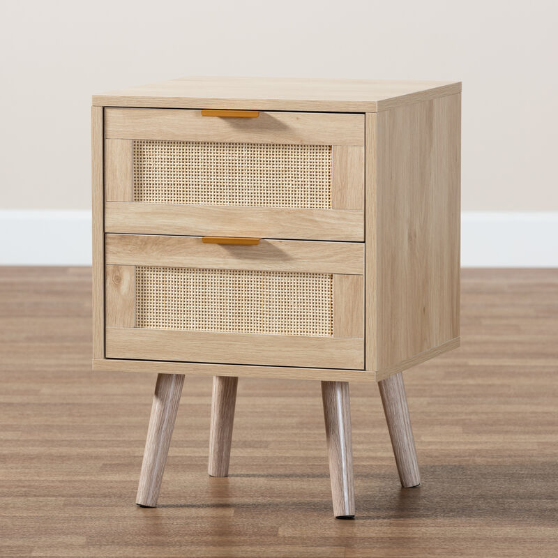 Baxton Studio Baird  Light Oak Brown Finished Wood and Rattan 2 Drawer End Table