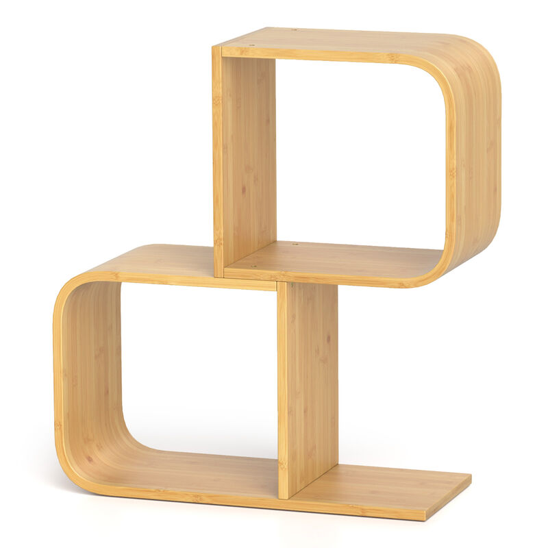 2-Tier S-Shaped Wicker Bookcase with 2 Open Cubes for Living Room