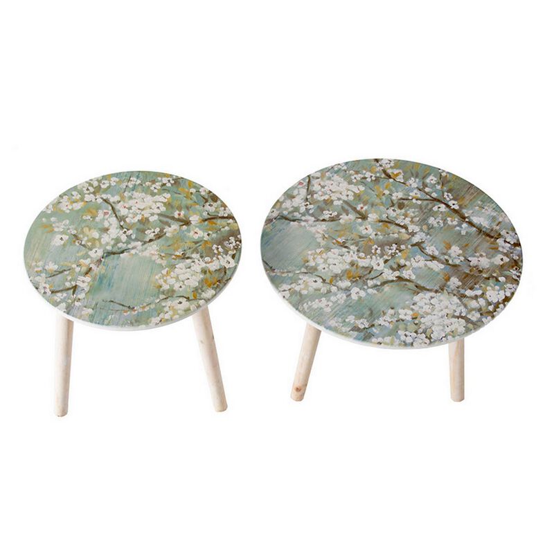 Byle 16, 20 Inch Side Table Set of 2, Floral Design, Cherry Blossom, Blue - Benzara