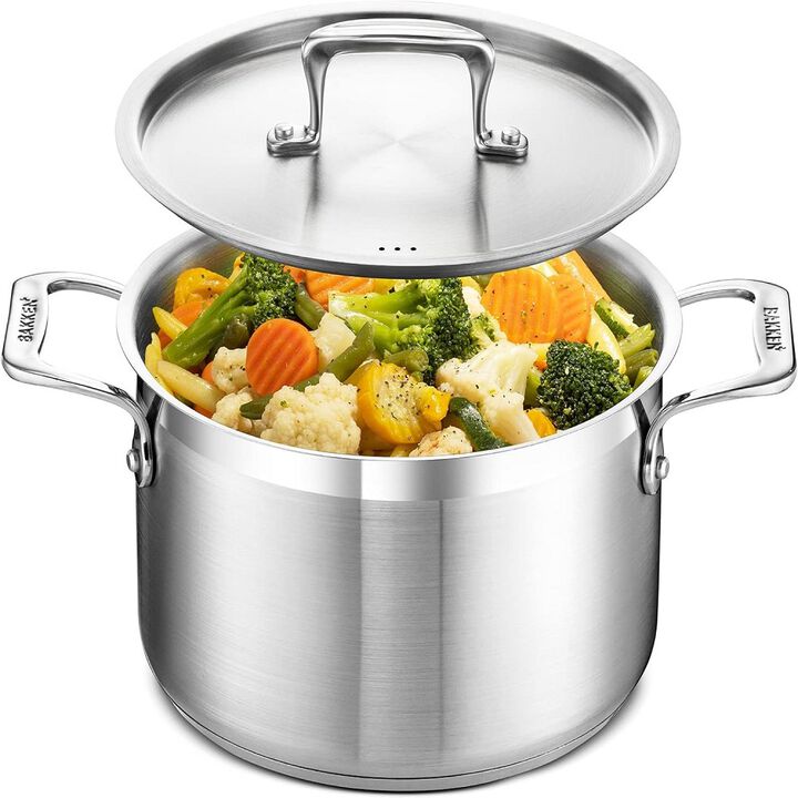 Stockpot - Brushed Stainless Steel – Heavy Duty Induction Pot with Lid and Riveted Handles – For Soup, Seafood, Stock, Canning and for Catering for Large Groups and Events by BAKKEN