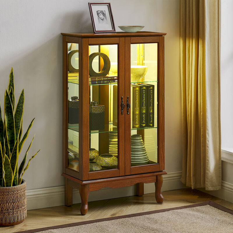 Curio Cabinet Lighted Display Cabinet with Adjustable Glass Shelves and Mirrored Back Panel