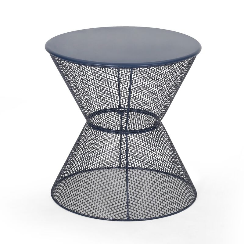 Nian Side Table, Round Top, Hourglass, Outdoor Navy Blue Iron, 18 Inch