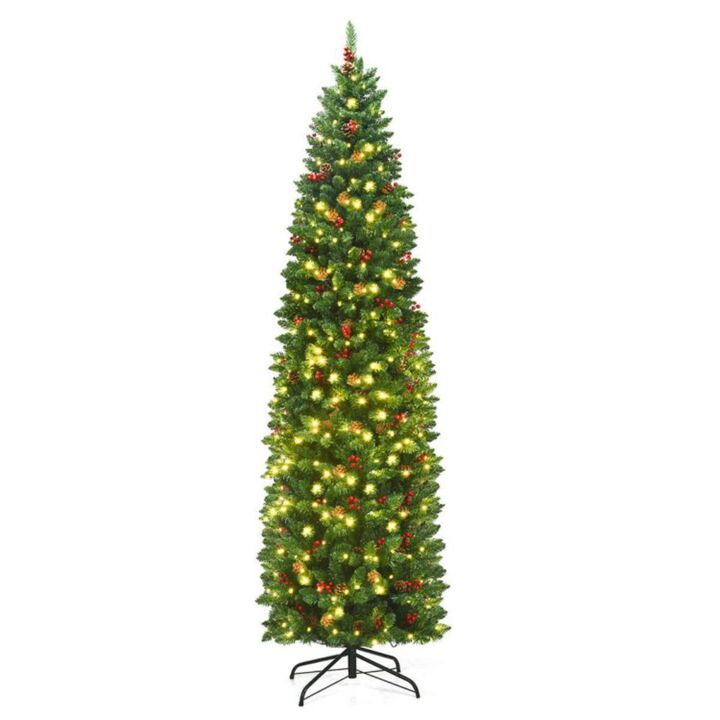Hivvago 7.5 Feet Pre-lit Hinged Pencil Christmas Tree with Pine Cones Red Berries