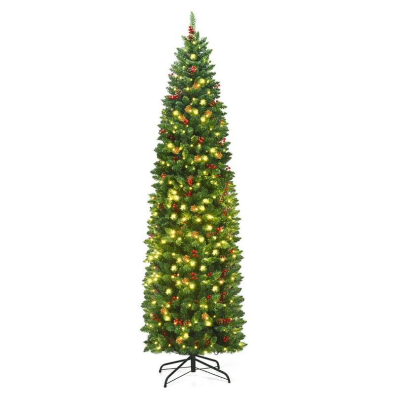 Hivvago 7.5 Feet Pre-lit Hinged Pencil Christmas Tree with Pine Cones Red Berries
