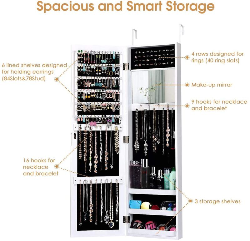 Full Length Mirror Jewelry Cabinet with Ring Slots and Necklace Hooks