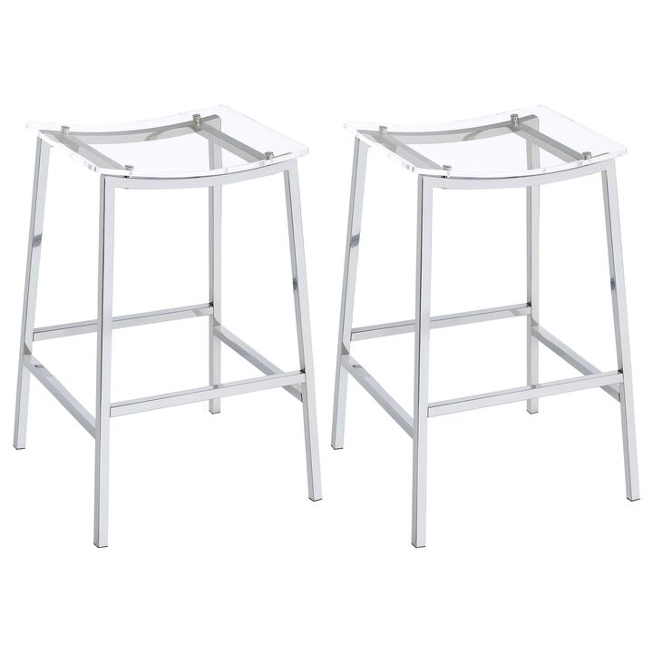 Ani 29 Inch Barstool Set of 2, Acrylic Clear Seat, Footrest, Chrome Metal - Benzara