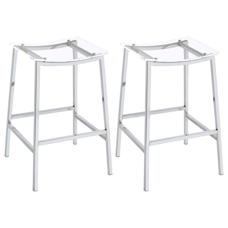 Ani 29 Inch Barstool Set of 2, Acrylic Clear Seat, Footrest, Chrome Metal - Benzara