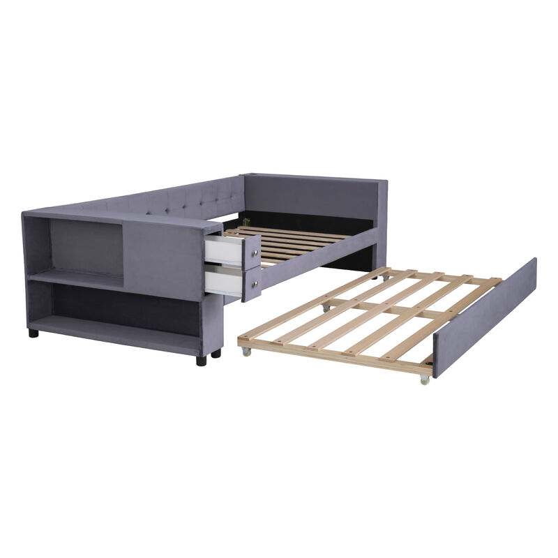 Merax Upholstered Bed with Trundle and USB Charging Ports