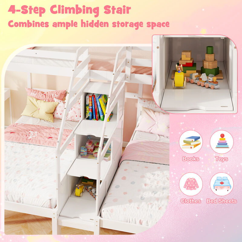 Bunk Bed with Storage Staircase and Guardrail for 3 Kids Teens