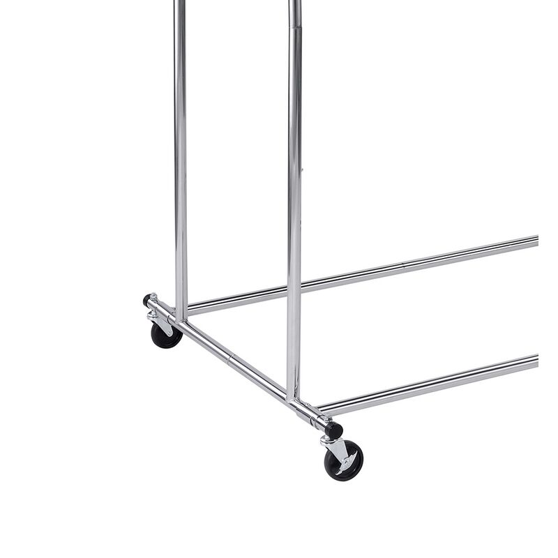 Dual Bar Tubular Metal Frame Garment Rack with Casters, Chrome - Benzara