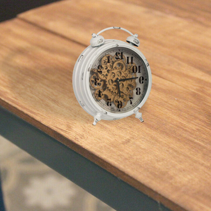Classic Metal Table Clock with Gears Front and Distressed Details, White and Gold - Benzara