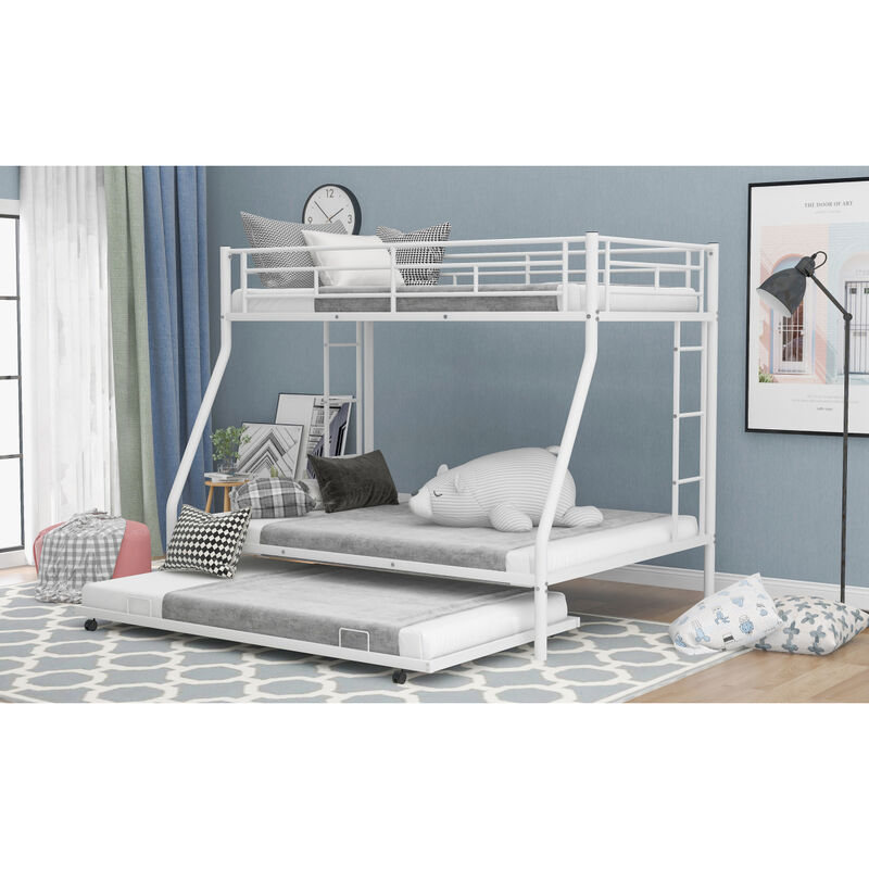 Twin Over Full Bed With Sturdy Steel Frame, Bunk Bed With Twin Size Trundle, Two-Side Ladders