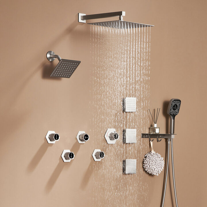 Mondawe Free Combination Handles Thermostatic 4 Functions 12-inch Wall Mounteded Rainfall Dual Shower Heads with 6 Body Jets and Rough-in Valve in Brushed Gold