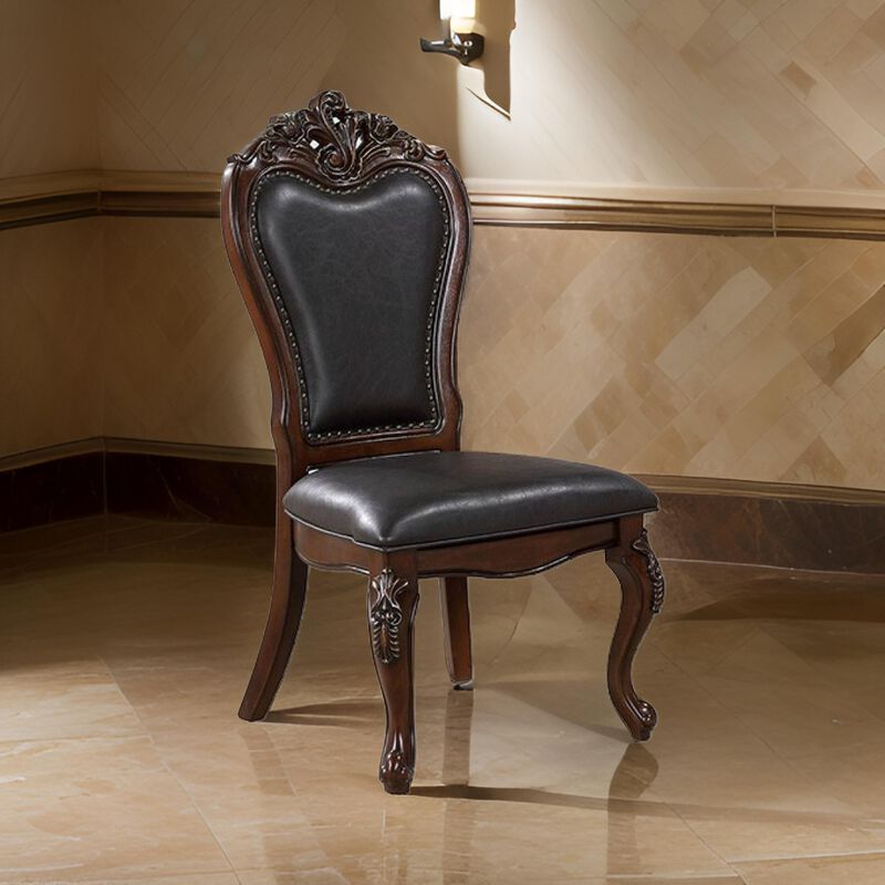 Zenie Dining Side Chair Set of 2, Cabriole Legs, Faux Leather, Cherry Brown