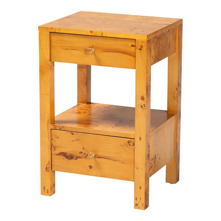 bali & pari Azmi Modern and Contemporary Natural Light Mappa Burl Wood 2 Drawer Nightstand