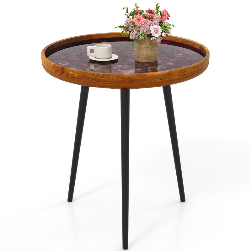 Round End Table with Sea Shell Decoration and Epoxy Resin Finish for Coastal or Beach-Inspired Living Spaces