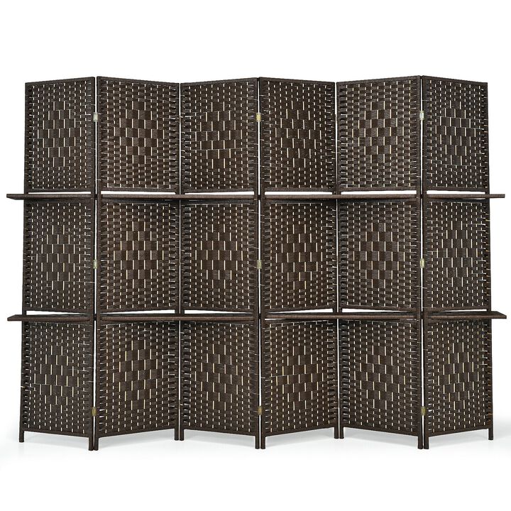 6 Panel Folding Weave Fiber Room Divider With 2 Display Shelves