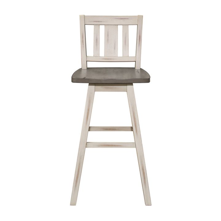Ati 29 Inch Bar Height Stool Swivel Chairs Set of 2, Vertical Slat Back, Gray, White - Benzara