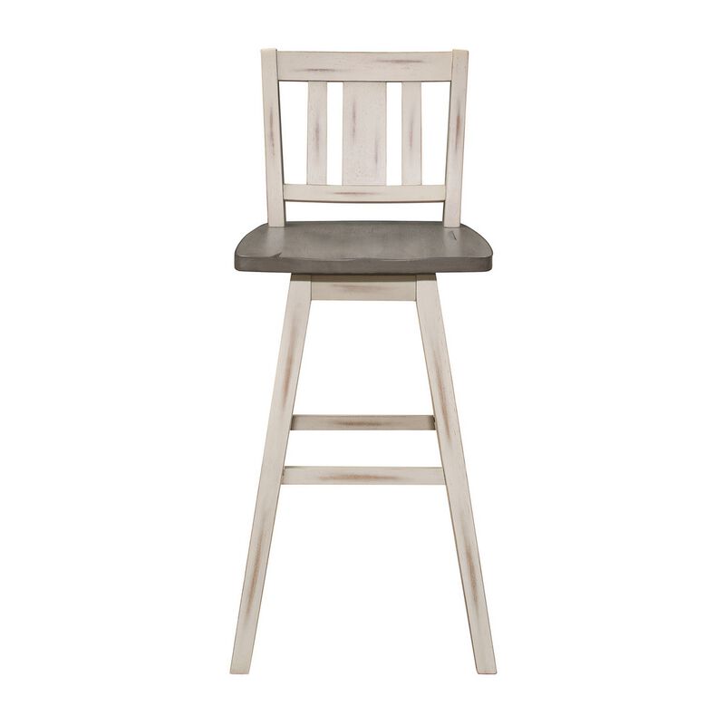 Ati 29 Inch Bar Height Stool Swivel Chairs Set of 2, Vertical Slat Back, Gray, White - Benzara