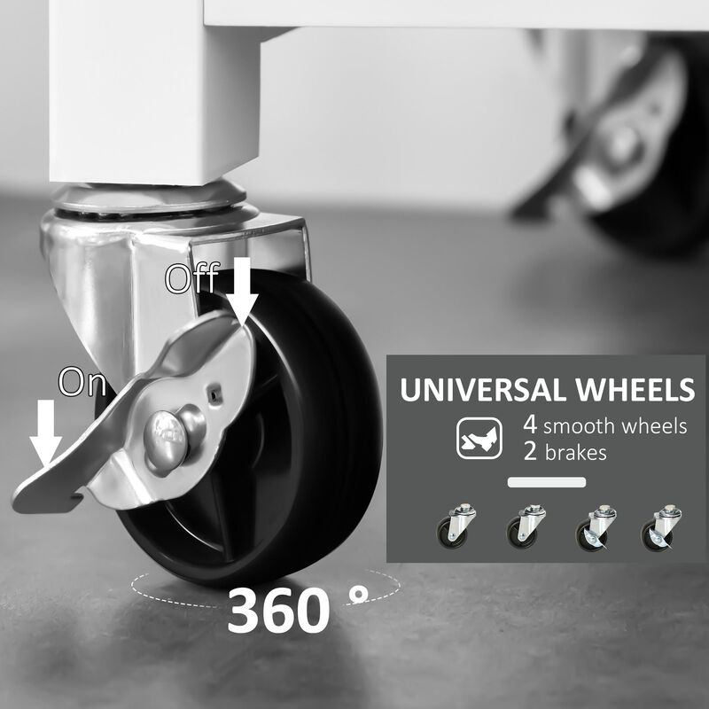 Sleek Kitchen Helper: White Rolling Cart with Steel Top & Glass Door