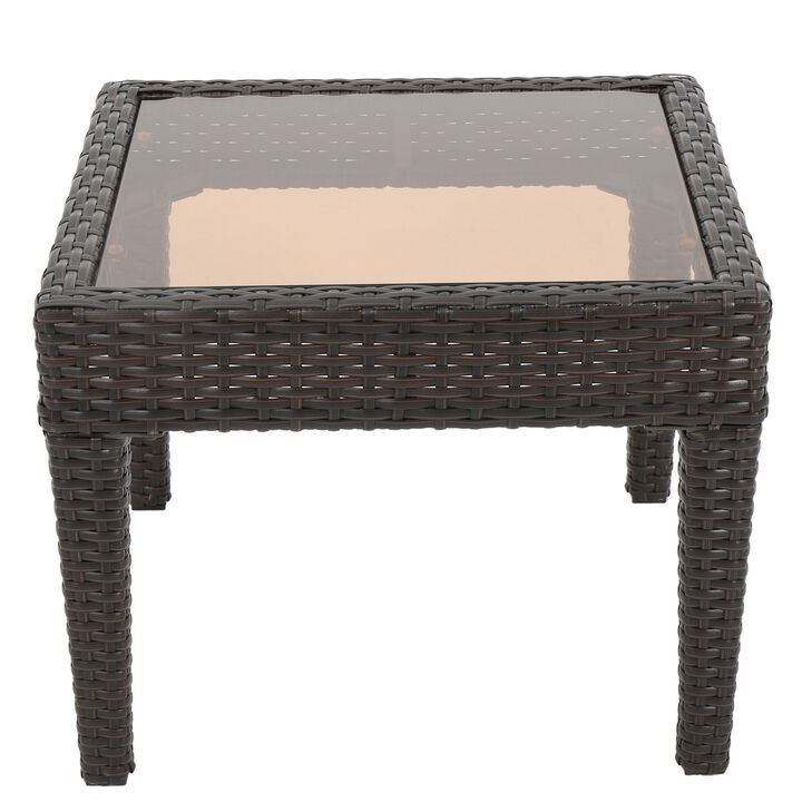 Annie Outdoor Accent Table, Square Tempered Glass 20 Inch Brown Wicker - Benzara