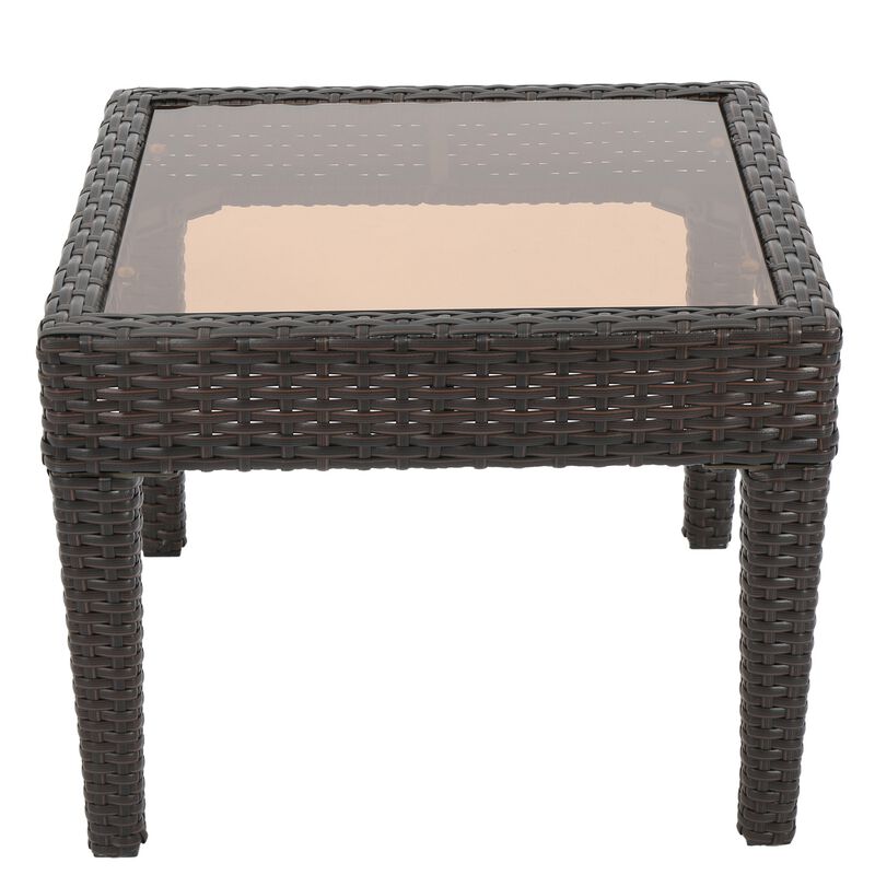 Annie Outdoor Accent Table, Square Tempered Glass 20 Inch Brown Wicker - Benzara